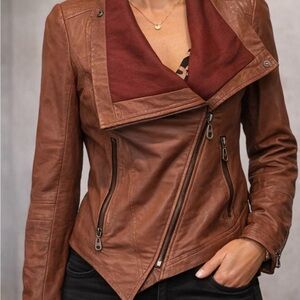 Doma Wine Genuine Leather Asymmetrical Zip Biker Moto Jacket